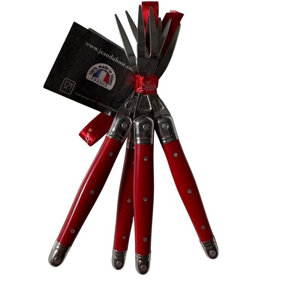 Laguiole Jean Dubost Bee Logo Red Cocktail Fork Set 4-Piece Stainless Steel Gift - Picture 11 of 11